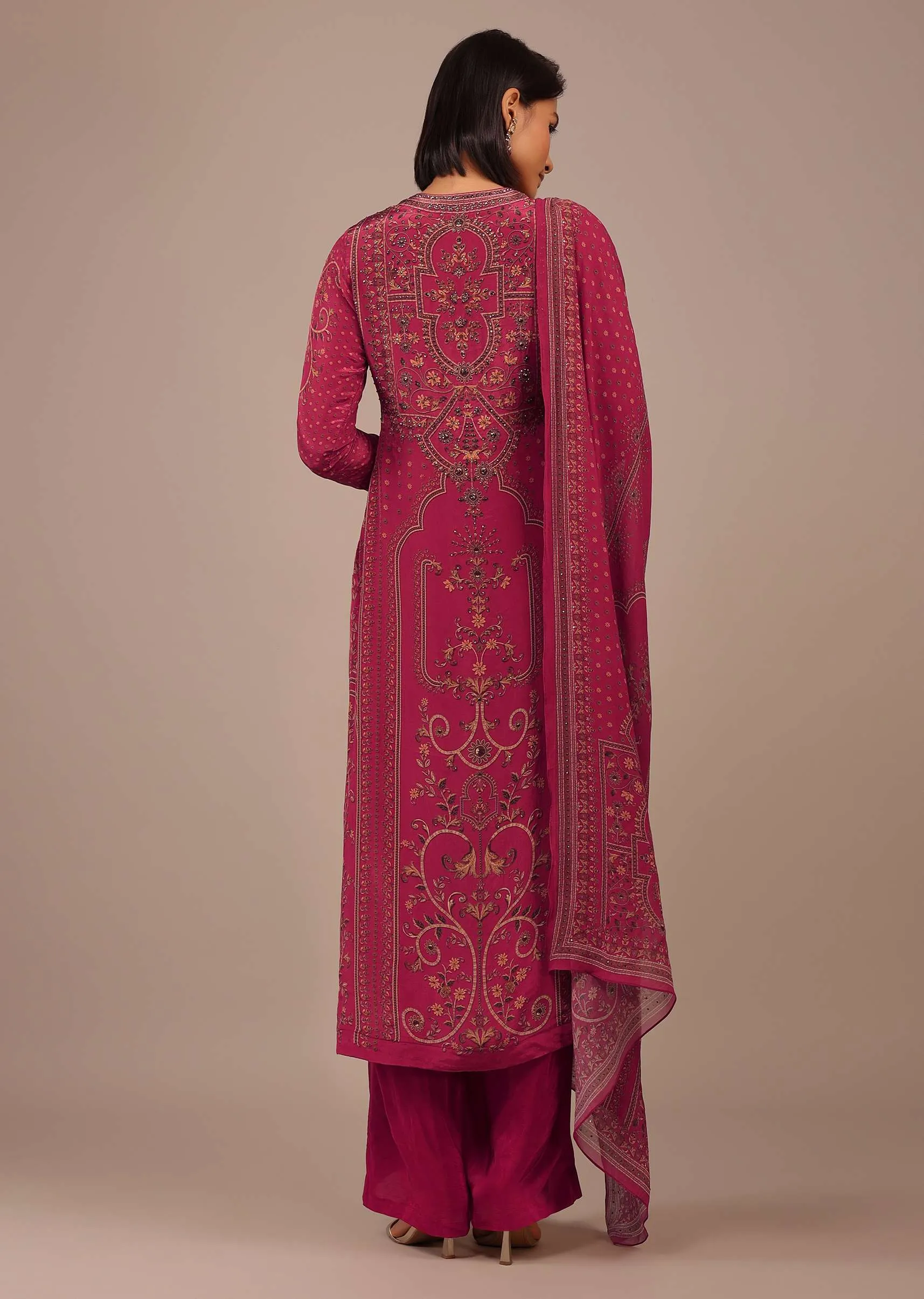 Magenta Pink Printed Palazzo Suit With Stonework In Crepe