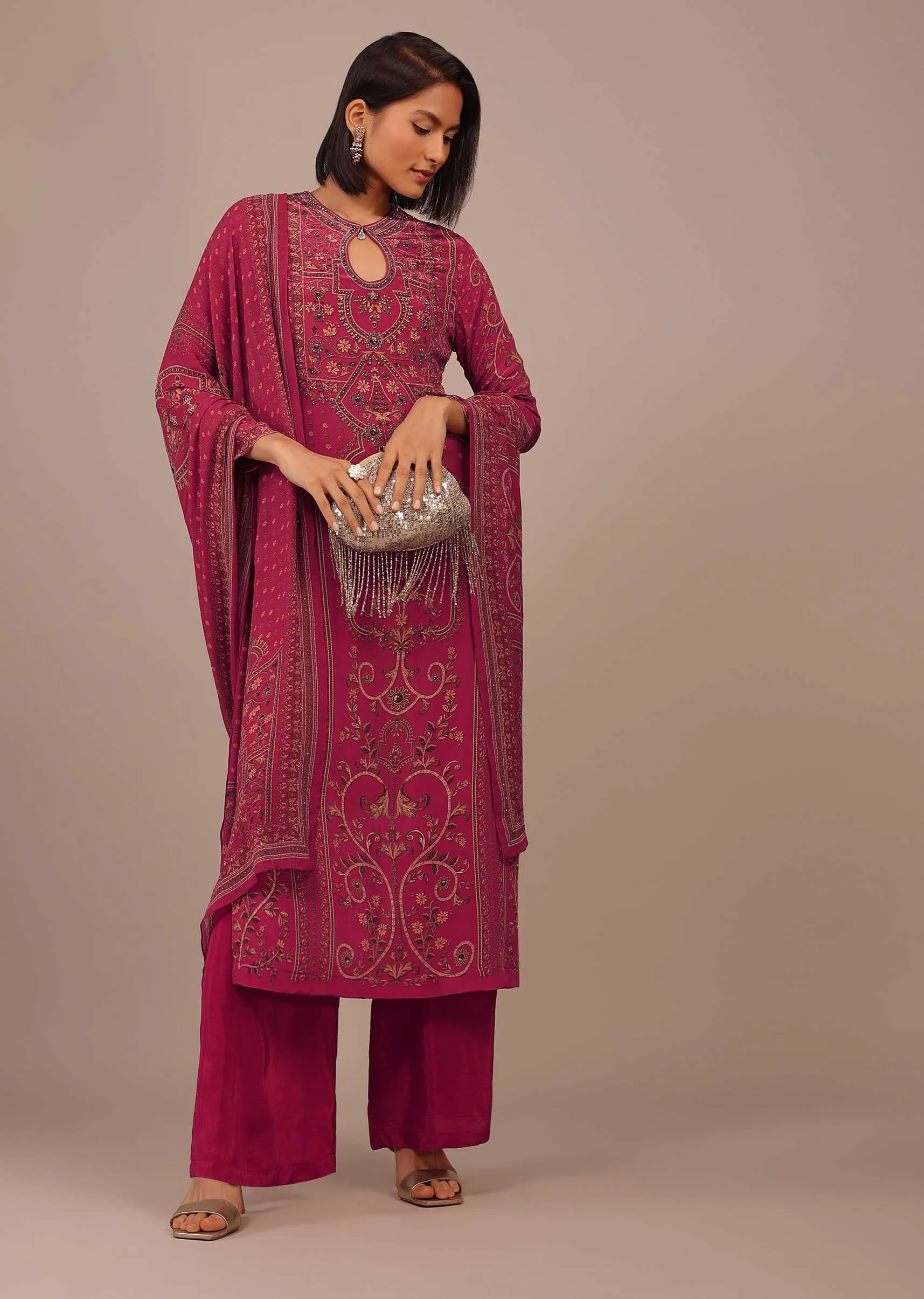 Magenta Pink Printed Palazzo Suit With Stonework In Crepe