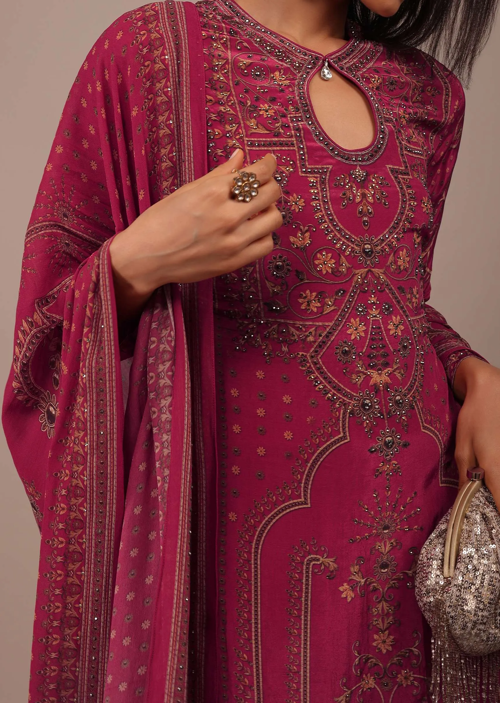 Magenta Pink Printed Palazzo Suit With Stonework In Crepe