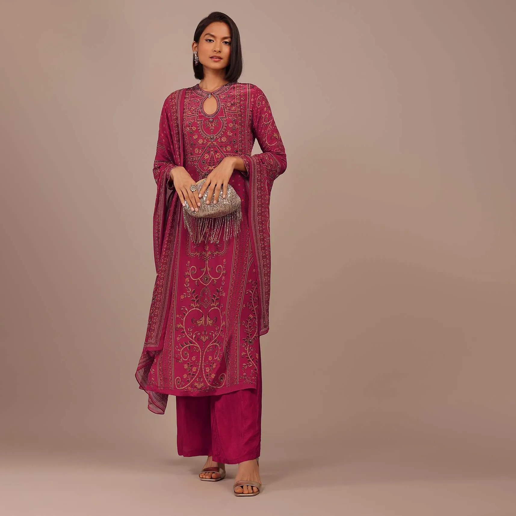 Magenta Pink Printed Palazzo Suit With Stonework In Crepe