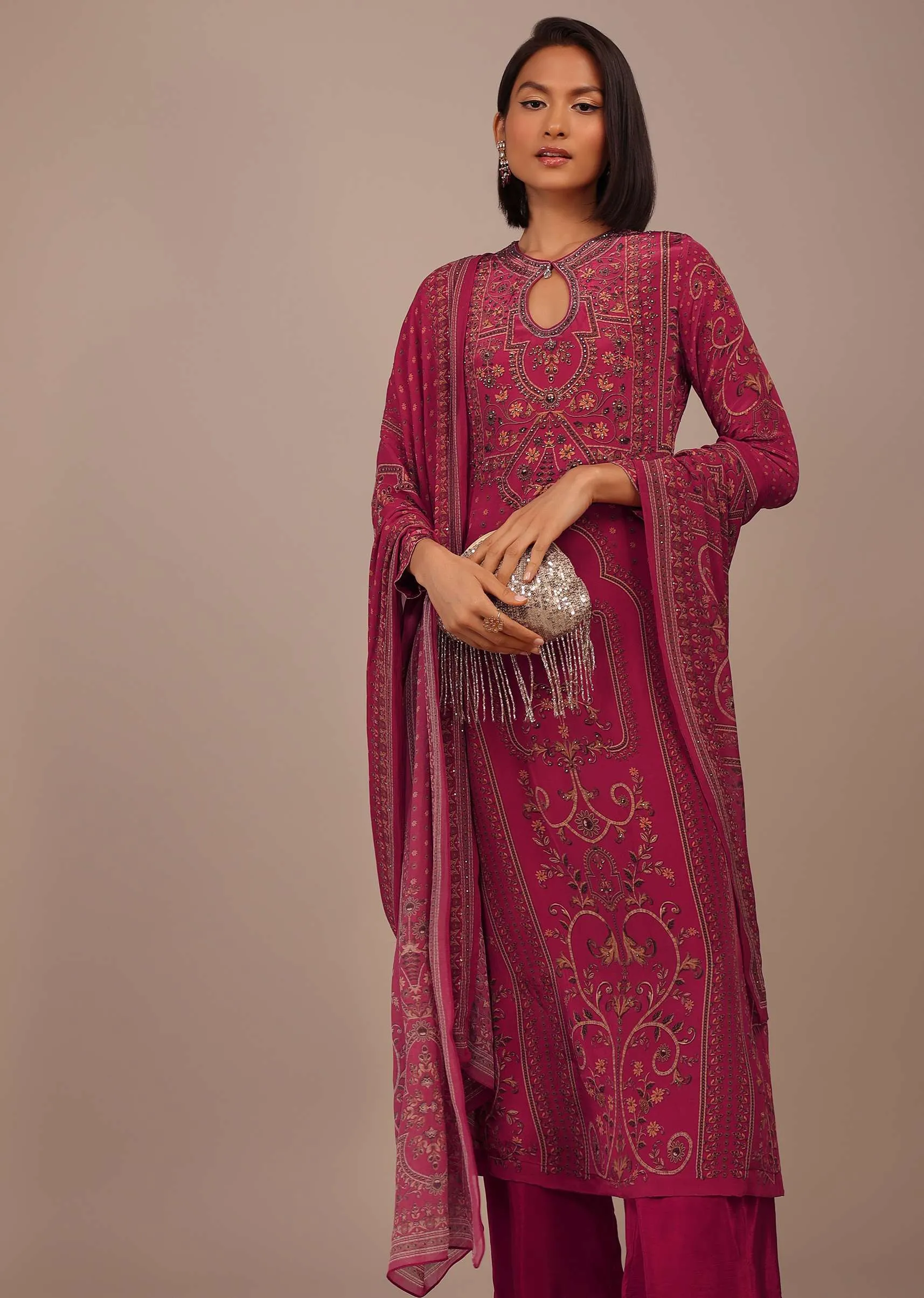 Magenta Pink Printed Palazzo Suit With Stonework In Crepe