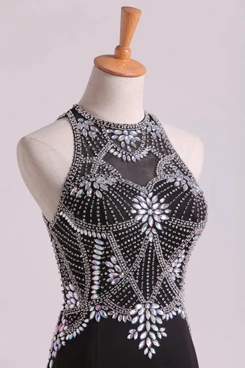 Party Dresses Scoop Beaded Bodice Floor Length Spandex Sheath Evening Dress