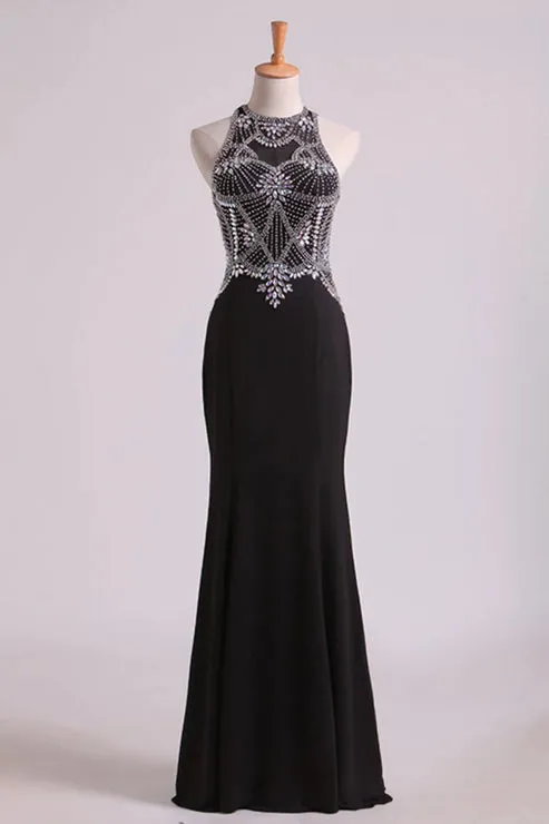 Party Dresses Scoop Beaded Bodice Floor Length Spandex Sheath Evening Dress