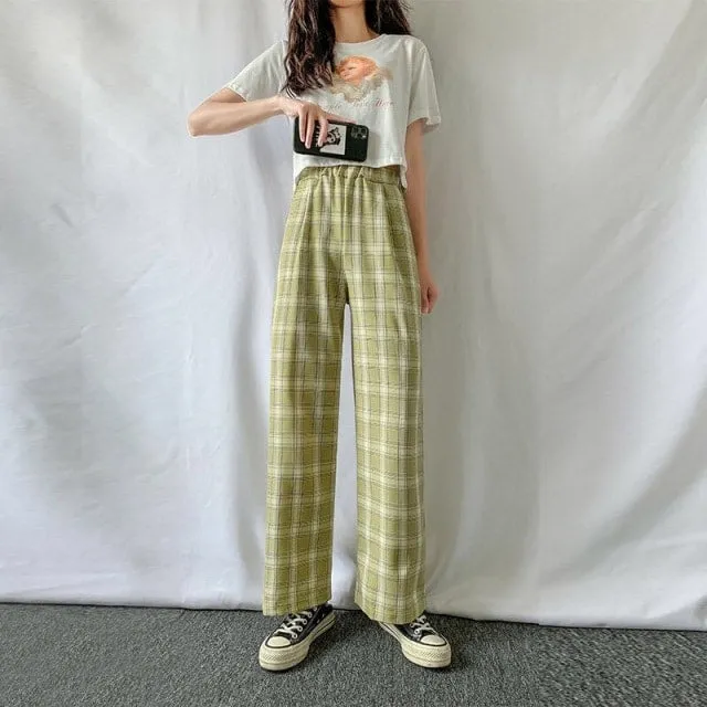 Plaid Check Elastic Waist Harem Pants