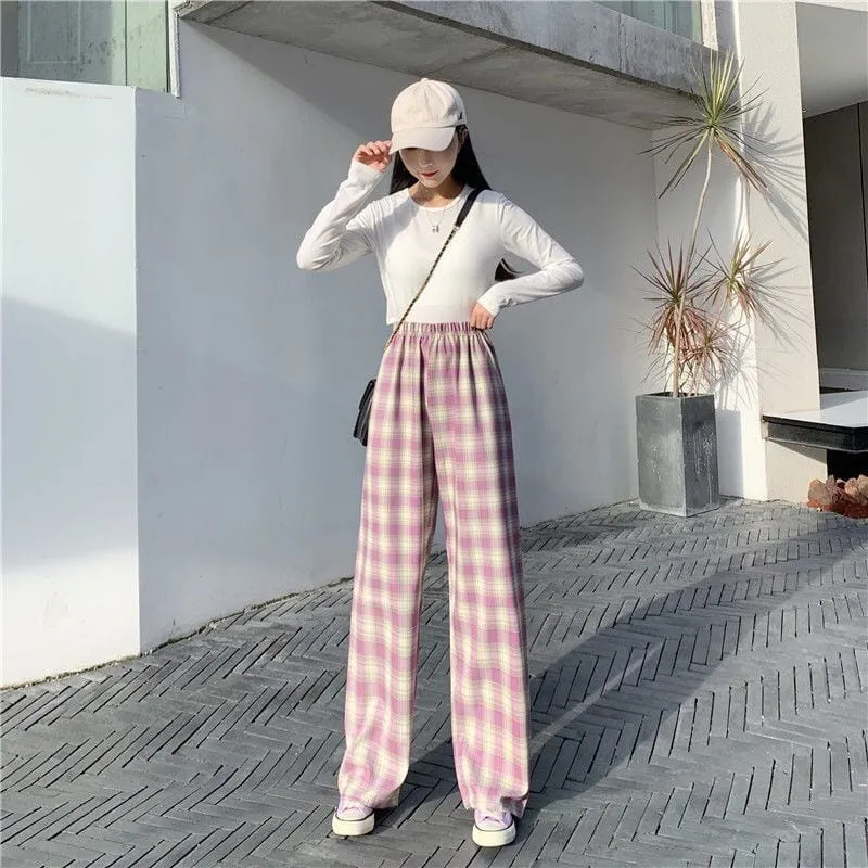 Plaid Check Elastic Waist Harem Pants
