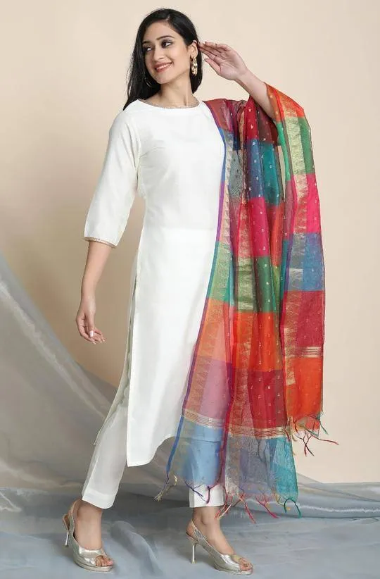 Poly Silk White Kurta Palazzo Set