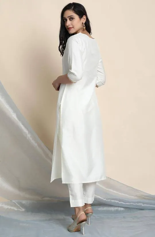 Poly Silk White Kurta Palazzo Set