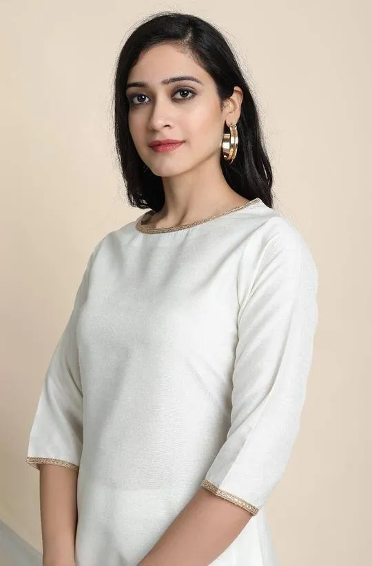 Poly Silk White Kurta Palazzo Set