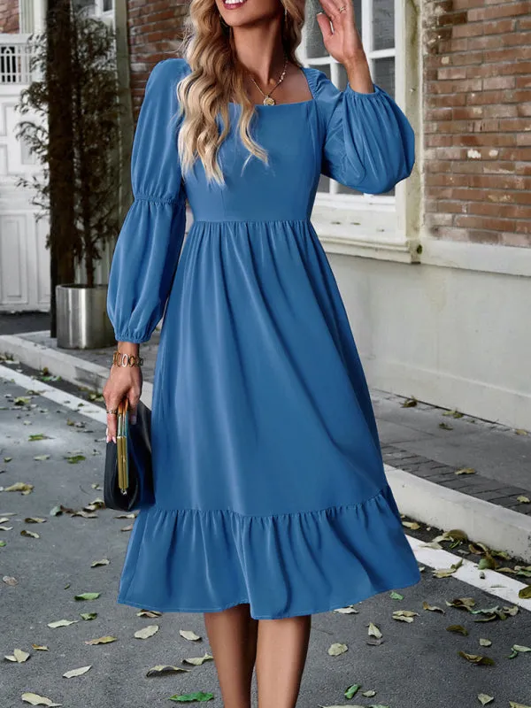 Solid Square Neck A-Line Midi Dress with Smocked Back