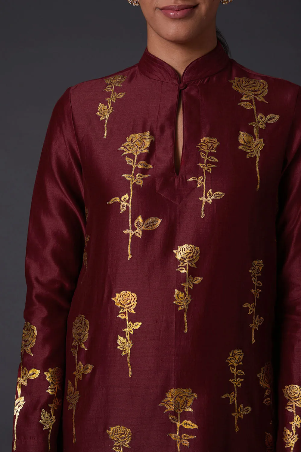 Wine & Gold Block Printed Kurta Set
