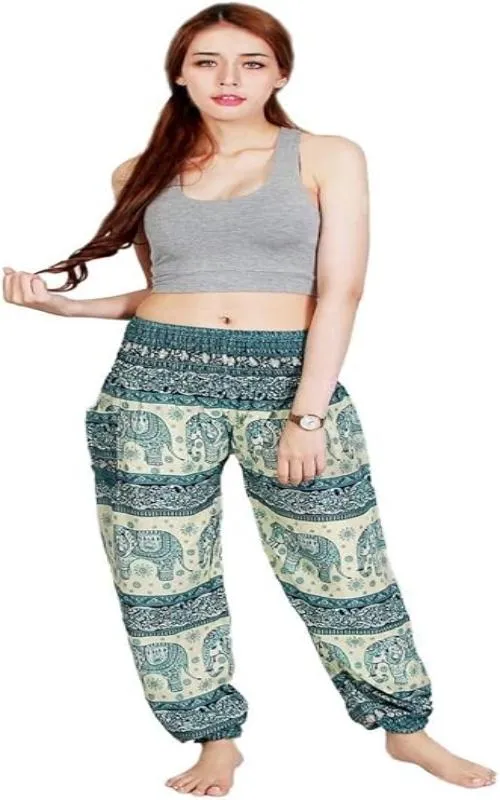 Women's Rayon Print Smocked Waist Boho Harem Pant (Blue Elephant)