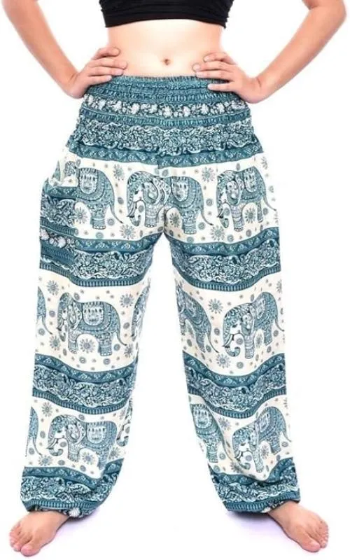 Women's Rayon Print Smocked Waist Boho Harem Pant (Blue Elephant)